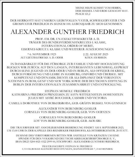 Traueranzeige von Alexander Gunther Friedrich von Frankfurter Allgemeine Zeitung