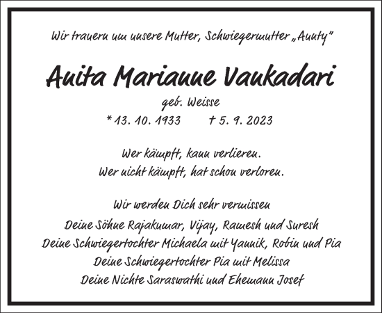 Traueranzeige von Anita Marianne Vankadari von Frankfurter Allgemeine Zeitung