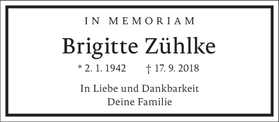 Traueranzeige von Brigitte Zühlke von Frankfurter Allgemeine Zeitung