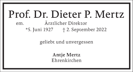 Traueranzeige von Dieter P. Mertz von Frankfurter Allgemeine Zeitung