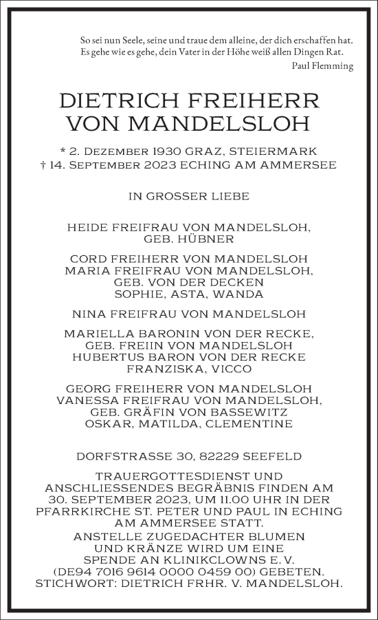 Traueranzeige von Dietrich  Freiherr von Mandelsloh von Frankfurter Allgemeine Zeitung