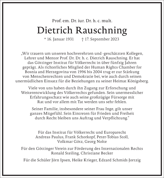Traueranzeige von Dietrich Rauschning von Frankfurter Allgemeine Zeitung