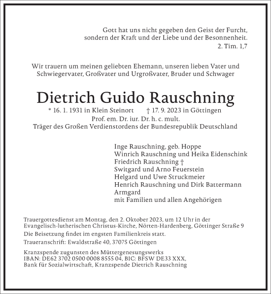 Traueranzeige von Dietrich Guido Rauschning von Frankfurter Allgemeine Zeitung