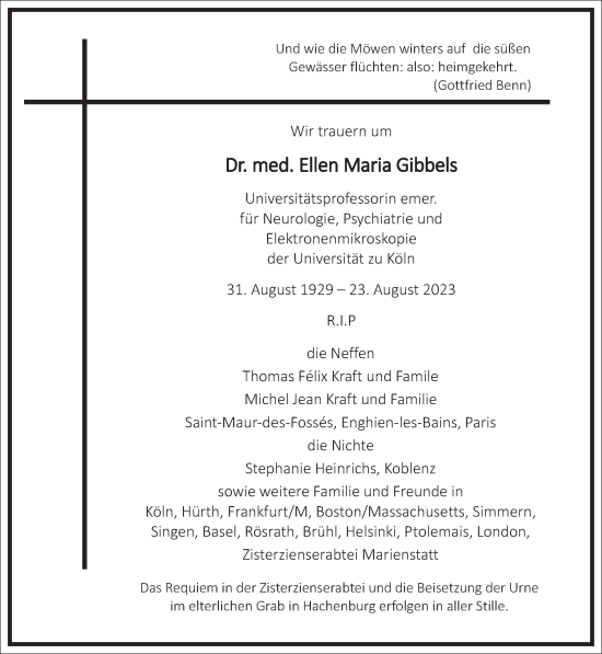 Traueranzeige von Ellen Maria Gibbels von Frankfurter Allgemeine Zeitung