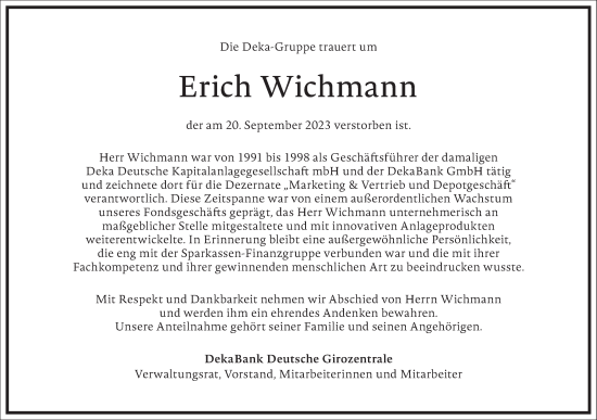 Traueranzeige von Erich Wichmann von Frankfurter Allgemeine Zeitung