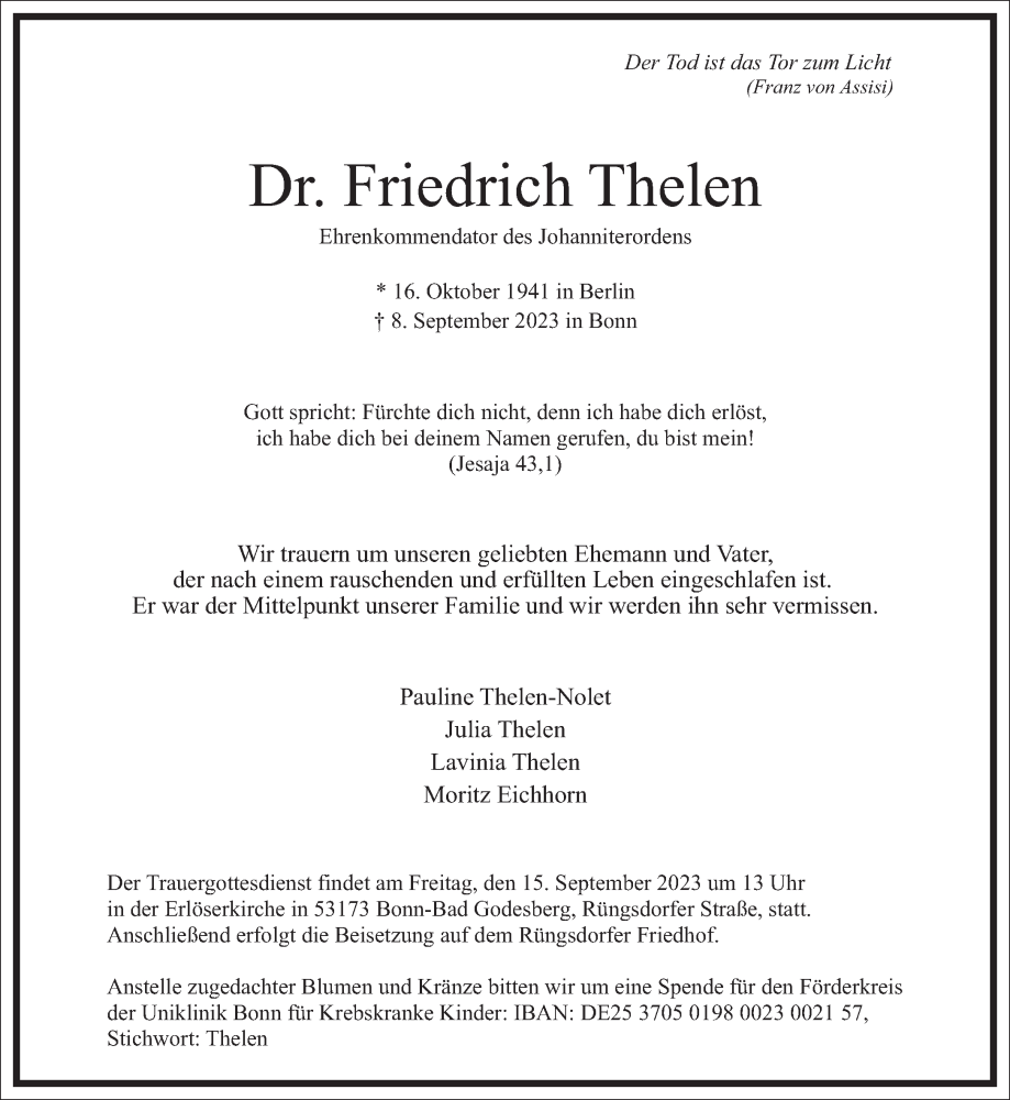  Traueranzeige für Friedrich Thelen vom 13.09.2023 aus Frankfurter Allgemeine Zeitung