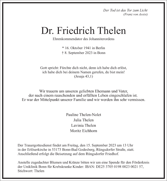 Traueranzeige von Friedrich Thelen von Frankfurter Allgemeine Zeitung