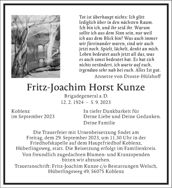 Traueranzeige von Fritz-Joachim Horst Kunze von Frankfurter Allgemeine Zeitung