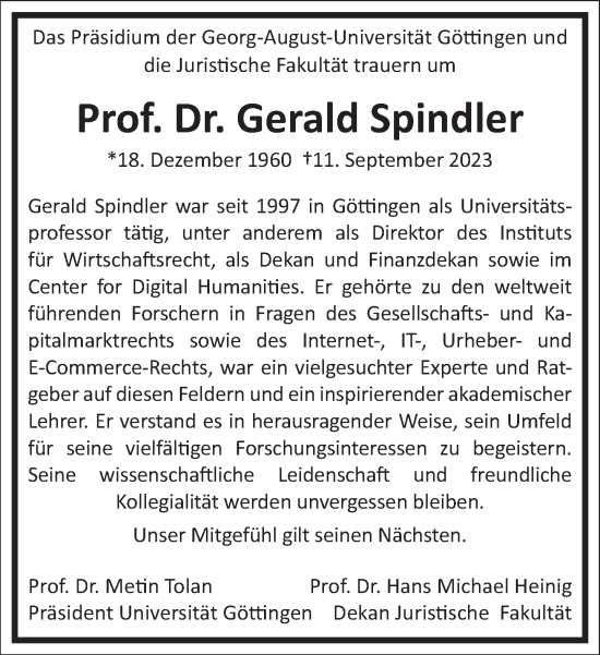 Traueranzeige von Gerald Spindler von Frankfurter Allgemeine Zeitung