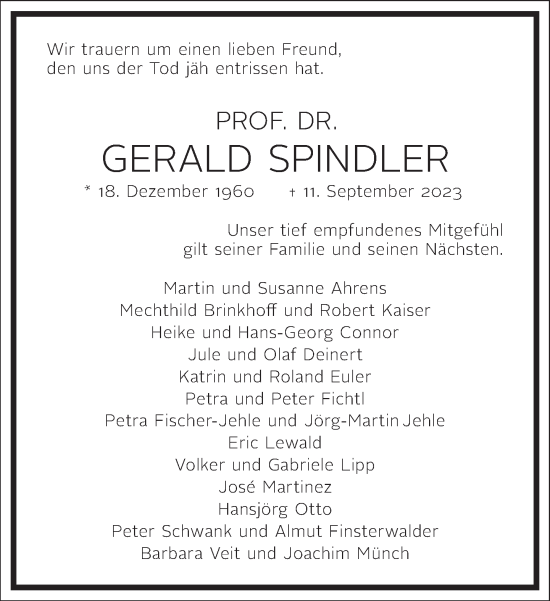 Traueranzeige von Gerald Spindler von Frankfurter Allgemeine Zeitung