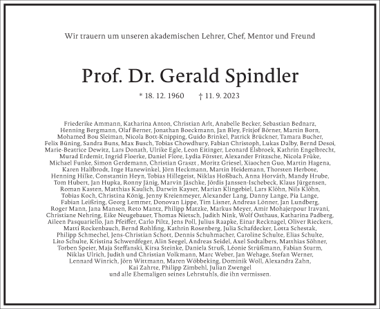 Traueranzeige von Gerald Spindler von Frankfurter Allgemeine Zeitung