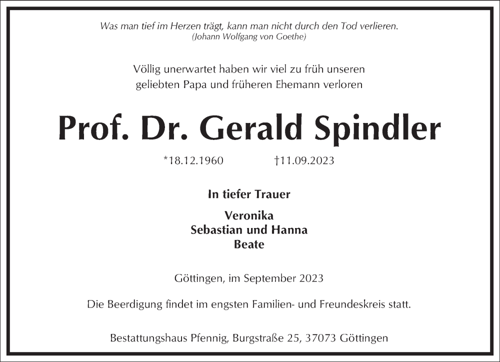  Traueranzeige für Gerald Spindler vom 16.09.2023 aus Frankfurter Allgemeine Zeitung