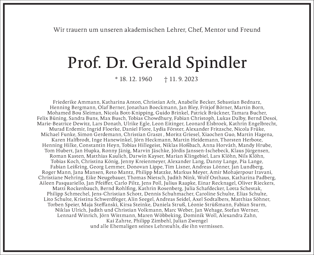  Traueranzeige für Gerald Spindler vom 23.09.2023 aus Frankfurter Allgemeine Zeitung