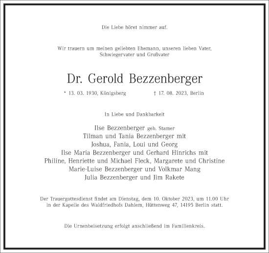 Traueranzeige von Gerold Bezzenberger von Frankfurter Allgemeine Zeitung