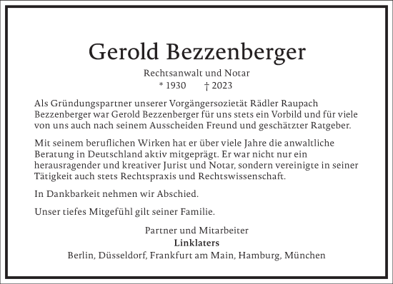 Traueranzeige von Gerold Bezzenberger von Frankfurter Allgemeine Zeitung