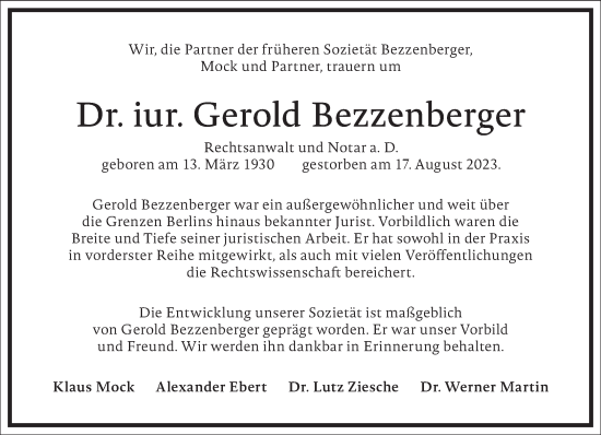 Traueranzeige von Gerold Bezzenberger von Frankfurter Allgemeine Zeitung