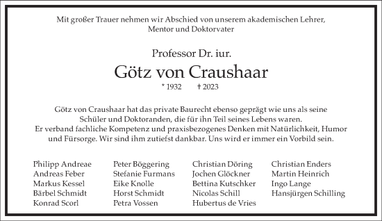 Traueranzeige von Götz von Craushaar von Frankfurter Allgemeine Zeitung