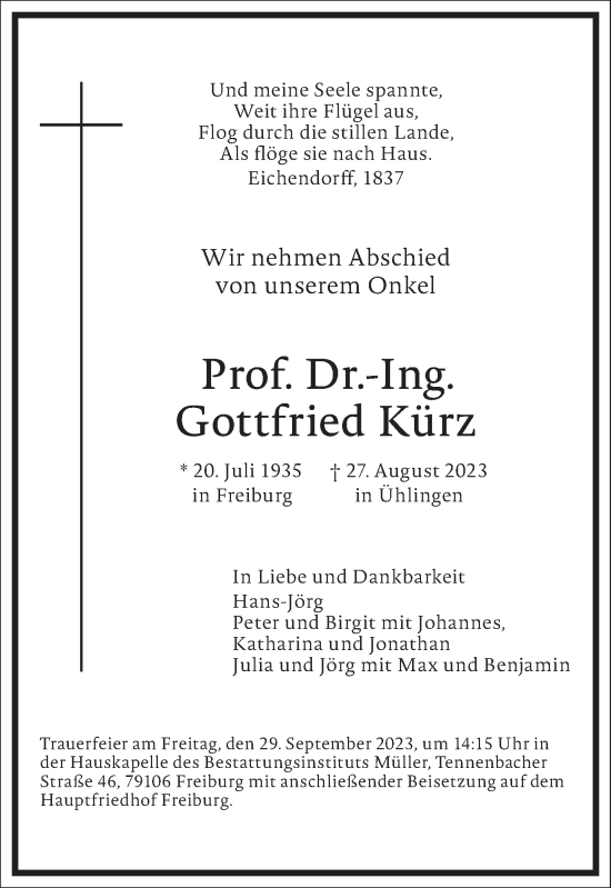 Traueranzeige von Gottfried Kürz von Frankfurter Allgemeine Zeitung