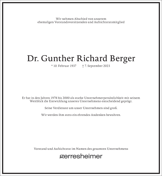 Traueranzeige von Gunther Richard Berger von Frankfurter Allgemeine Zeitung