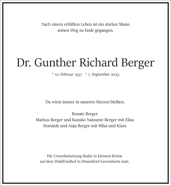 Traueranzeige von Gunther Richard Berger von Frankfurter Allgemeine Zeitung