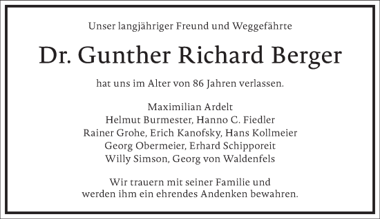 Traueranzeige von Gunther Richard Berger von Frankfurter Allgemeine Zeitung