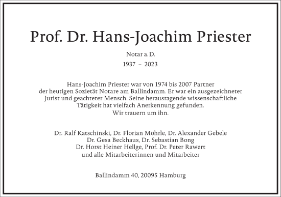 Traueranzeige von Hans-Joachim Priester von Frankfurter Allgemeine Zeitung