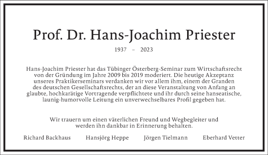 Traueranzeige von Hans-Joachim Priester von Frankfurter Allgemeine Zeitung