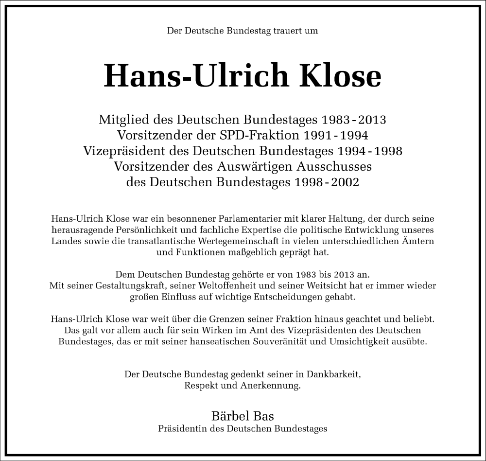  Traueranzeige für Hans-Ulrich Klose vom 16.09.2023 aus Frankfurter Allgemeine Zeitung