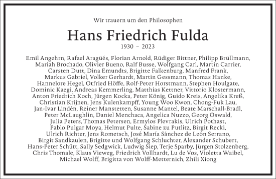 Traueranzeige von Hans Friedrich Fulda von Frankfurter Allgemeine Zeitung