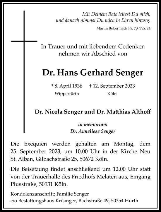 Traueranzeige von Hans Gerhard Senger von Frankfurter Allgemeine Zeitung