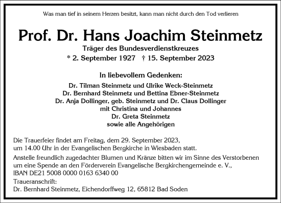 Traueranzeige von Hans Joachim Steinmetz von Frankfurter Allgemeine Zeitung