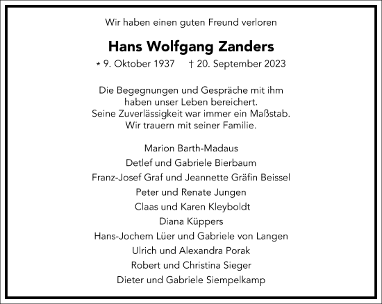 Traueranzeige von Hans Wolfgang Zanders von Frankfurter Allgemeine Zeitung