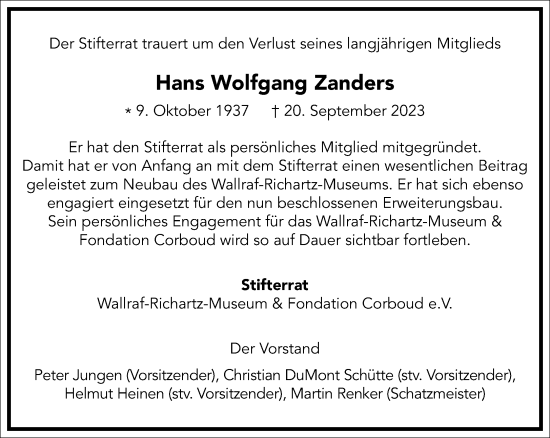 Traueranzeige von Hans Wolfgang Zanders von Frankfurter Allgemeine Zeitung