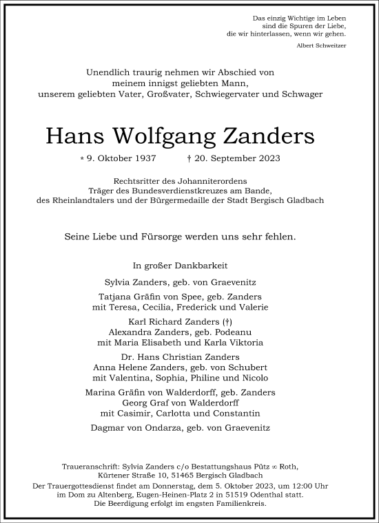 Traueranzeige von Hans Wolfgang Zanders von Frankfurter Allgemeine Zeitung