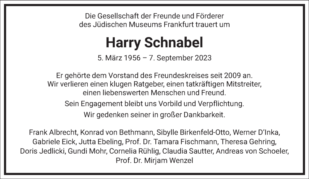  Traueranzeige für Harry Schnabel vom 09.09.2023 aus Frankfurter Allgemeine Zeitung