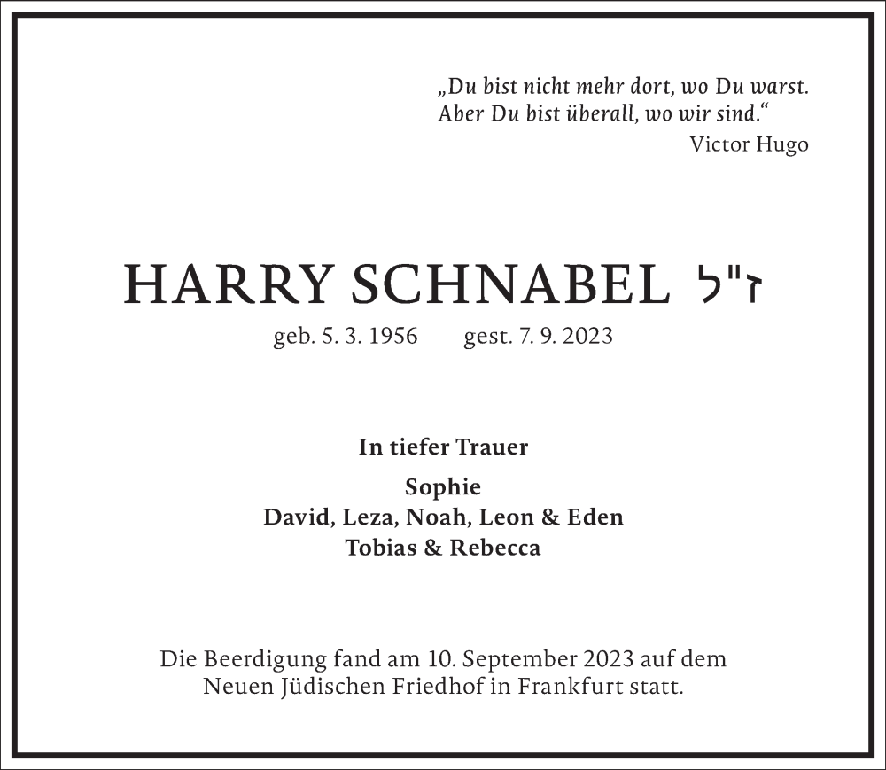  Traueranzeige für Harry Schnabel vom 11.09.2023 aus Frankfurter Allgemeine Zeitung