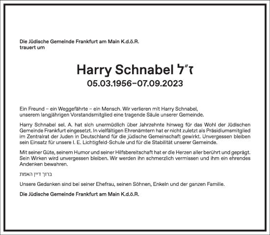 Traueranzeige von Harry Schnabel von Frankfurter Allgemeine Zeitung