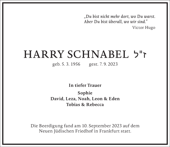 Traueranzeige von Harry Schnabel von Frankfurter Allgemeine Zeitung