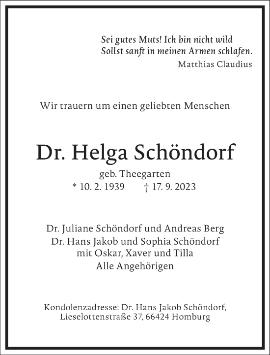 Traueranzeige von Helga Schöndorf von Frankfurter Allgemeine Zeitung