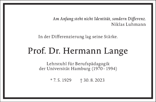 Traueranzeige von Hermann Lange von Frankfurter Allgemeine Zeitung
