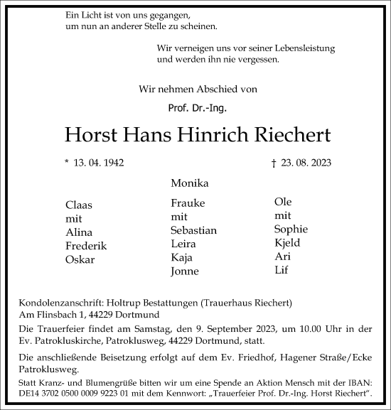 Traueranzeige von Horst Hans Hinrich Riechert von Frankfurter Allgemeine Zeitung