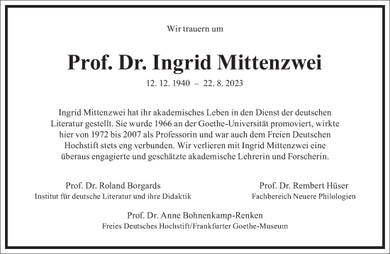 Traueranzeige von Ingrid Mittenzwei von Frankfurter Allgemeine Zeitung