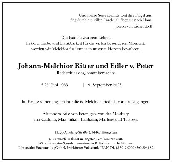 Traueranzeige von Johann-Melchior Ritter und Edler v. Peter von Frankfurter Allgemeine Zeitung