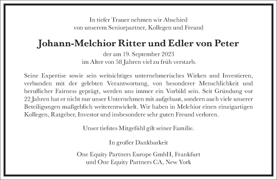 Traueranzeige von Johann-Melchior Ritter und Edler von Peter von Frankfurter Allgemeine Zeitung