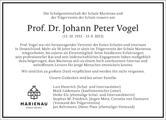 Traueranzeige von Johann Peter Vogel von Frankfurter Allgemeine Zeitung