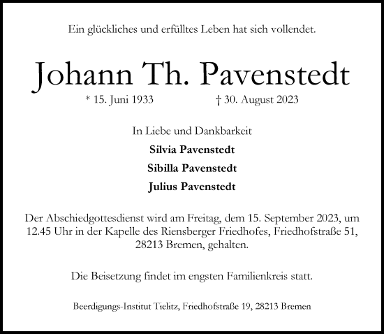 Traueranzeige von Johann Th. Pavenstedt von Frankfurter Allgemeine Zeitung