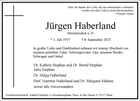 Traueranzeige von Jürgen Haberland von Frankfurter Allgemeine Zeitung