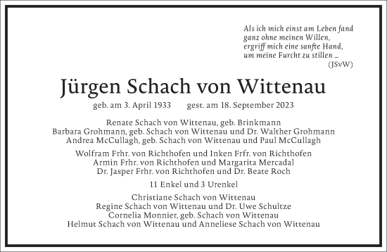 Traueranzeige von Jürgen Schach von Wittenau von Frankfurter Allgemeine Zeitung