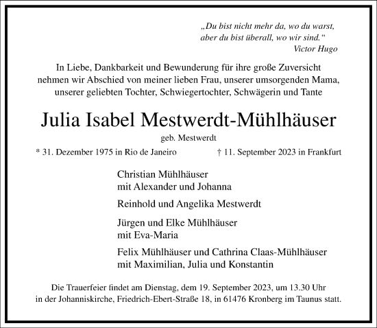 Traueranzeige von Julia Isabel Mestwerdt-Mühlhäuser von Frankfurter Allgemeine Zeitung