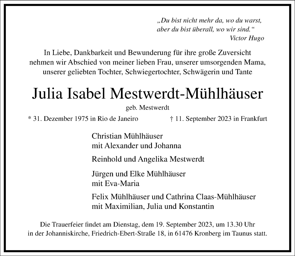  Traueranzeige für Julia Isabel Mestwerdt-Mühlhäuser vom 16.09.2023 aus Frankfurter Allgemeine Zeitung